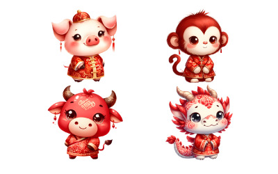 十二生肖动物，农历新年剪贴画