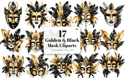 Watercolor Golden Black Masquerade Carnival Masks Clipart