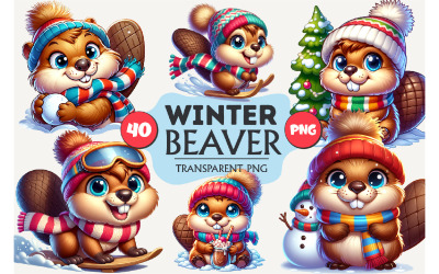 Cute Winter Beaver. Clipart, PNG.