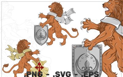 Rampant lion with ribbon and shield