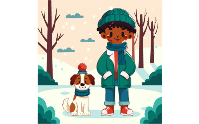Boy is Playing Dog Winter Day