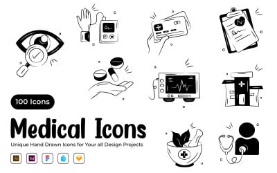 Medische handgetekende zwarte pictogrammen