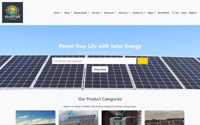 Tienda de equipos solares | Plantilla de sitio web adaptable para soluciones de energía sostenible