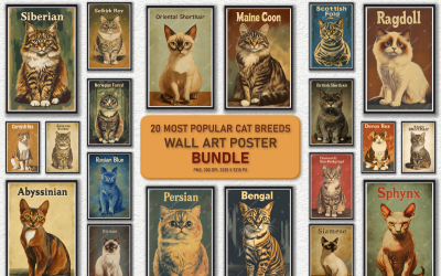 20 Çeşit Kedi Duvar Sanatı Poster Paketi