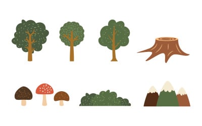 Set of cartoon forest trees. Simple vector set of green trees and nature elements V.2