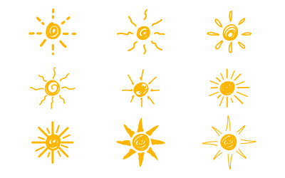 Hand drawn Sun. Set of Sun icon. Doodle children drawing. Solar icon Vector illustration