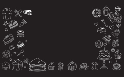 Line art vector design with cute doodles of cakes  cupcakes design template v.4