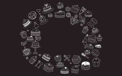 Line art vector design with cute doodles of cakes  cupcakes design template v.5