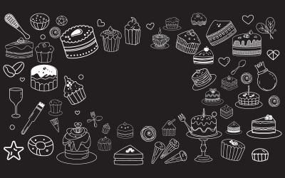 Modèle de conception de cupcakes de gâteaux avec dessin au trait vectoriel et jolis gribouillis v.3