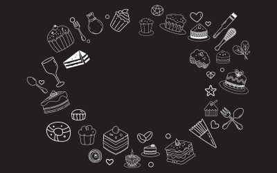 Strichzeichnungen, Vektordesign mit niedlichen Kritzeleien von Kuchen und Cupcakes, Designvorlage v.6