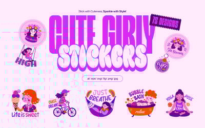 Platt söt flickaktig klistermärke set