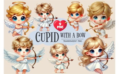 Cartoon Cupid with a bow and arrow. Clipart, PNG.