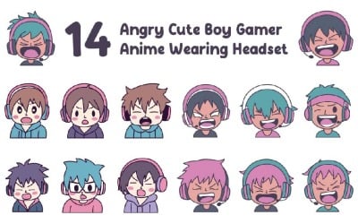 14 愤怒的可爱男孩游戏玩家动漫戴着耳机