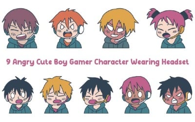 9 Angry Cute Boy Gamer Character Wearing Headset