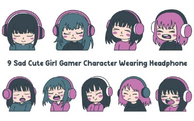 9 Droevig schattig meisje gamer karakter met koptelefoon