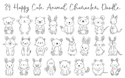 24 Happy Cute Animal Character Doodle