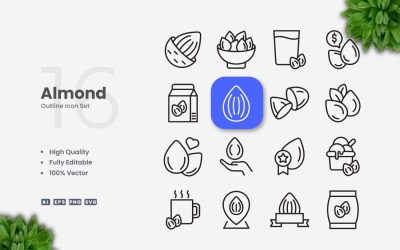 16 Almond Outline Icon Set