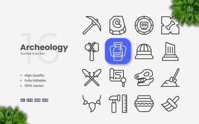 16 Archäologie-Umriss-Icon-Set