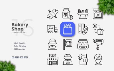16 Bäckerei-Shop-Umriss-Icon-Set