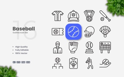 16 Baseball Kontur Ikonuppsättning
