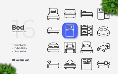 16 Bed Outline Icon Collection