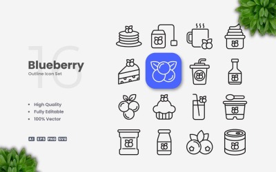 16 Blueberry Outline Ikonuppsättning