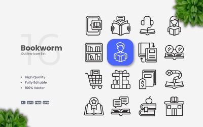 16 Boekenwurm Schets Icon Set