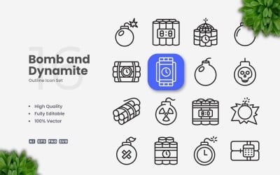 16 Bomb and Dynamite Outline Icon Set