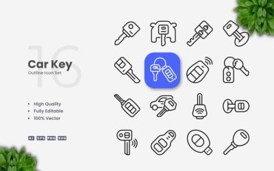 Conjunto de 16 iconos de contorno de llave de coche