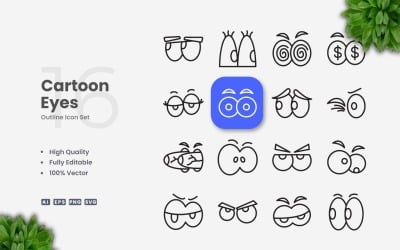 16 Cartoon Eye Outline Icon Set