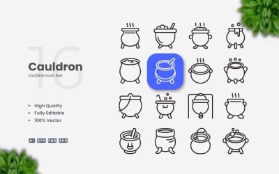 16 Cauldron Outline Icon Set