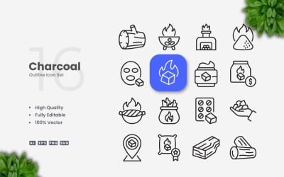 Conjunto de 16 iconos de contorno de carbón