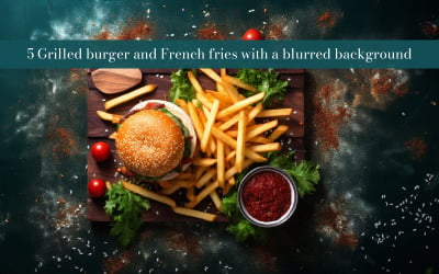 Grilled burger and french fries with a blurred background