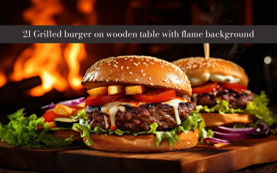 Hamburger alla griglia su tavolo di legno con sfondo di fiamma