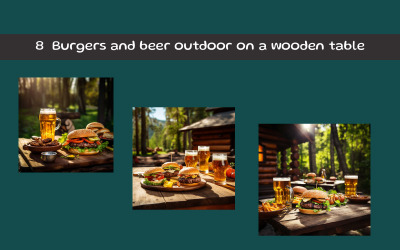 Hamburger e birra all&amp;#39;aperto su un tavolo di legno