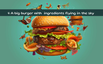 Un grande hamburger con ingredienti che volano nel cielo Immagine AI