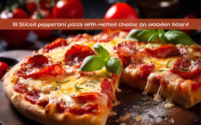 Ahşap tahta üzerinde eritilmiş peynirli dilimlenmiş pepperoni pizza