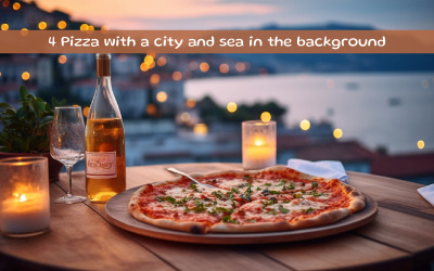Pizza mit Stadt und Meer im Hintergrund
