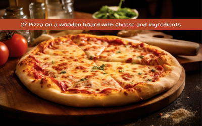 Pizza su tagliere di legno con formaggio e ingredienti