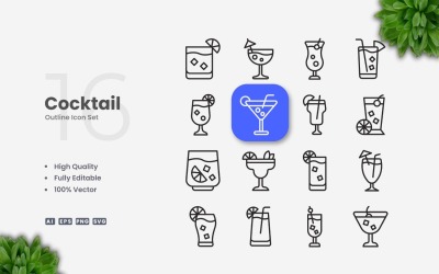 16 Cocktail Kontur Ikonuppsättning