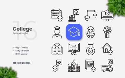 16 College Outline Ikonuppsättning