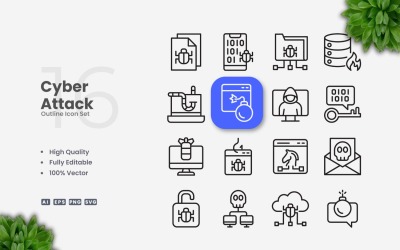 16 Cyber Attack Outline Ikonuppsättning