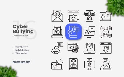 16 Cyber Bullying Outline Icon Set