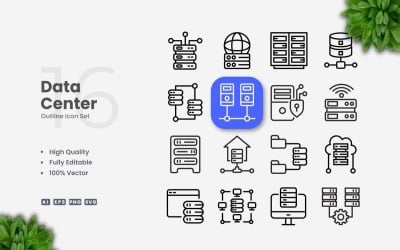 16 Data Center Outline Icon Set