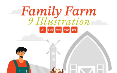 9 Family Working on a Farm Illustration