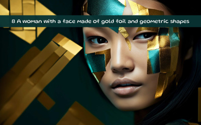 A woman with a face made of gold foil and geometric shapes
