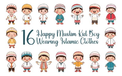 16 personnages de garçons musulmans heureux portant des vêtements islamiques