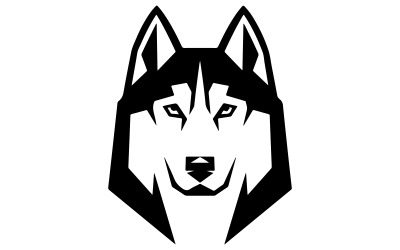 A logo design of a shield shaped Siberian husky