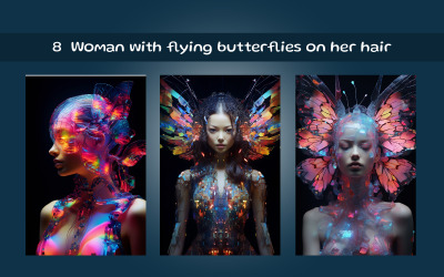 Woman with flying butterflies on her hair
