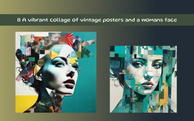 A vibrant collage of vintage posters and a womans face